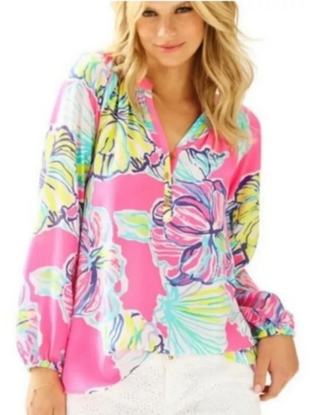 Lilly Pulitzer Elsa 100% Silk Top Women’s XL Kir Royal Pink Swept By Tides